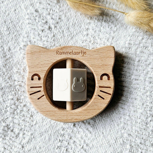 Holzrassel mit drehbarem Silikonblock im Katzen-Design