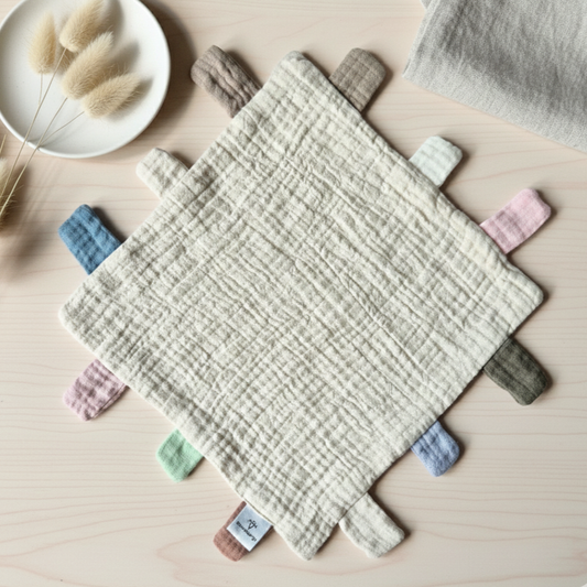 Musselin Spiel- und Kuscheltuch mit Laschen – 25x25 cm Beige