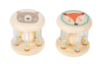 Babyrasseln aus Holz im 2er-Set mit Tiermotiven in Pastellfarben