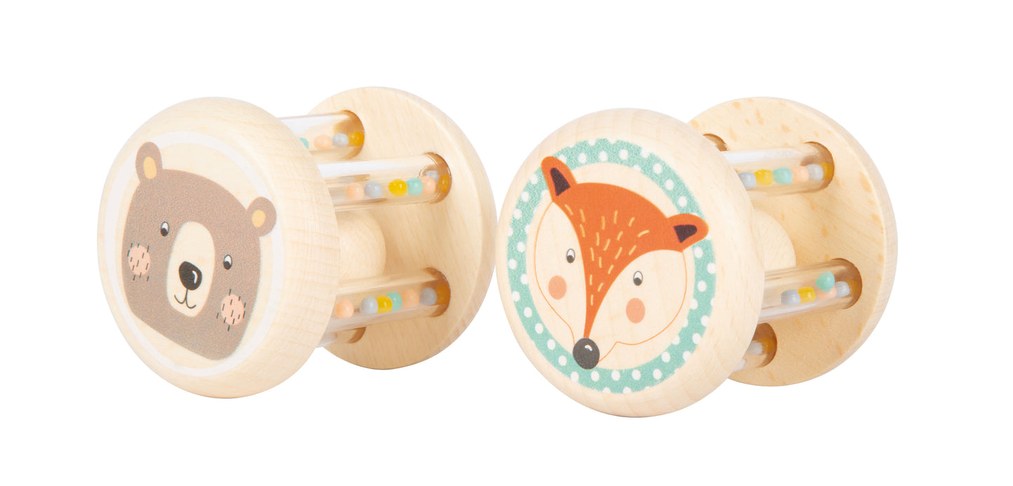 Babyrasseln aus Holz im 2er-Set mit Tiermotiven in Pastellfarben Seitenansicht