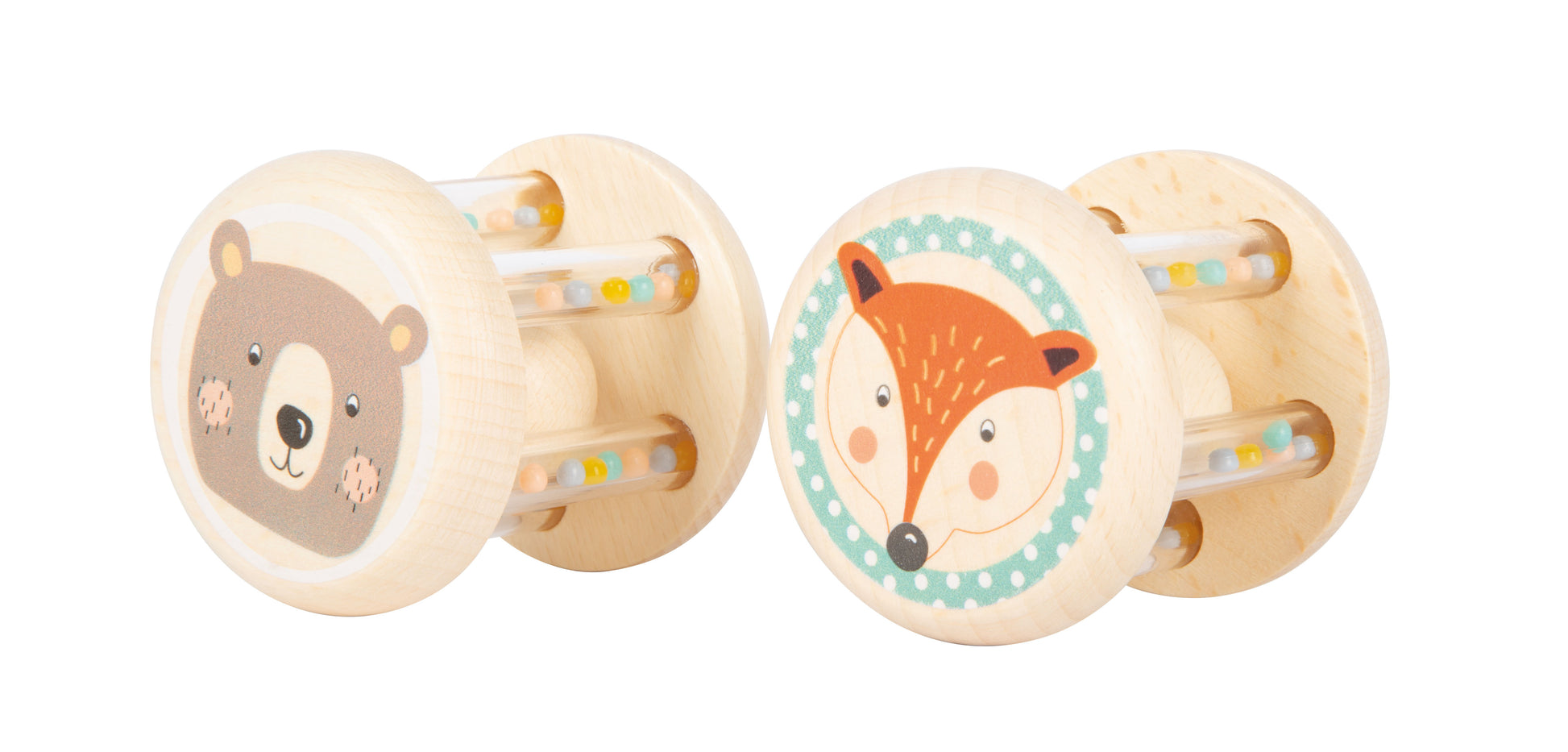 Babyrasseln aus Holz im 2er-Set mit Tiermotiven in Pastellfarben Seitenansicht