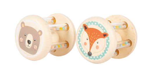 Babyrasseln aus Holz im 2er-Set mit Tiermotiven in Pastellfarben Seitenansicht