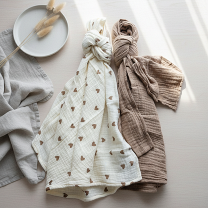 Mulltücher mit braunem Herzchen-Print in Creme und unifarbenes Tuch in Taupe nebeneinander
