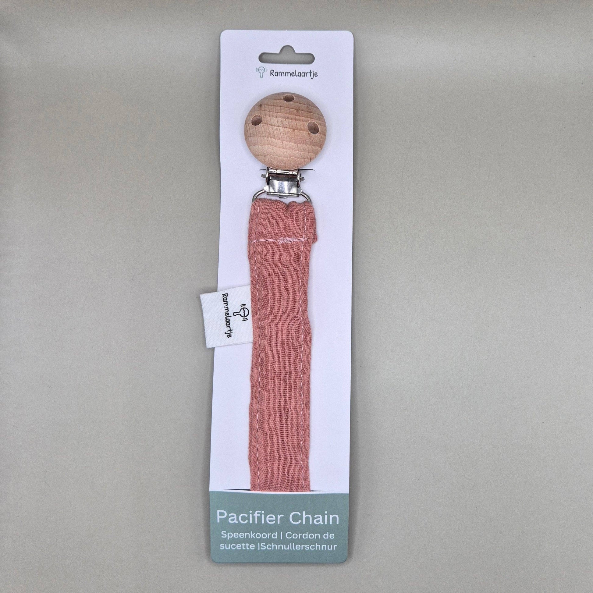 Schnullerbander aus Musselinstoff mit Holzclip aus Buche in Rosa mit Verpackung