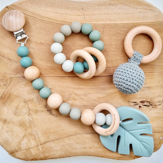 Dschungel Baby-Set: Kinderwagen-Kette, Rassel & Beißring